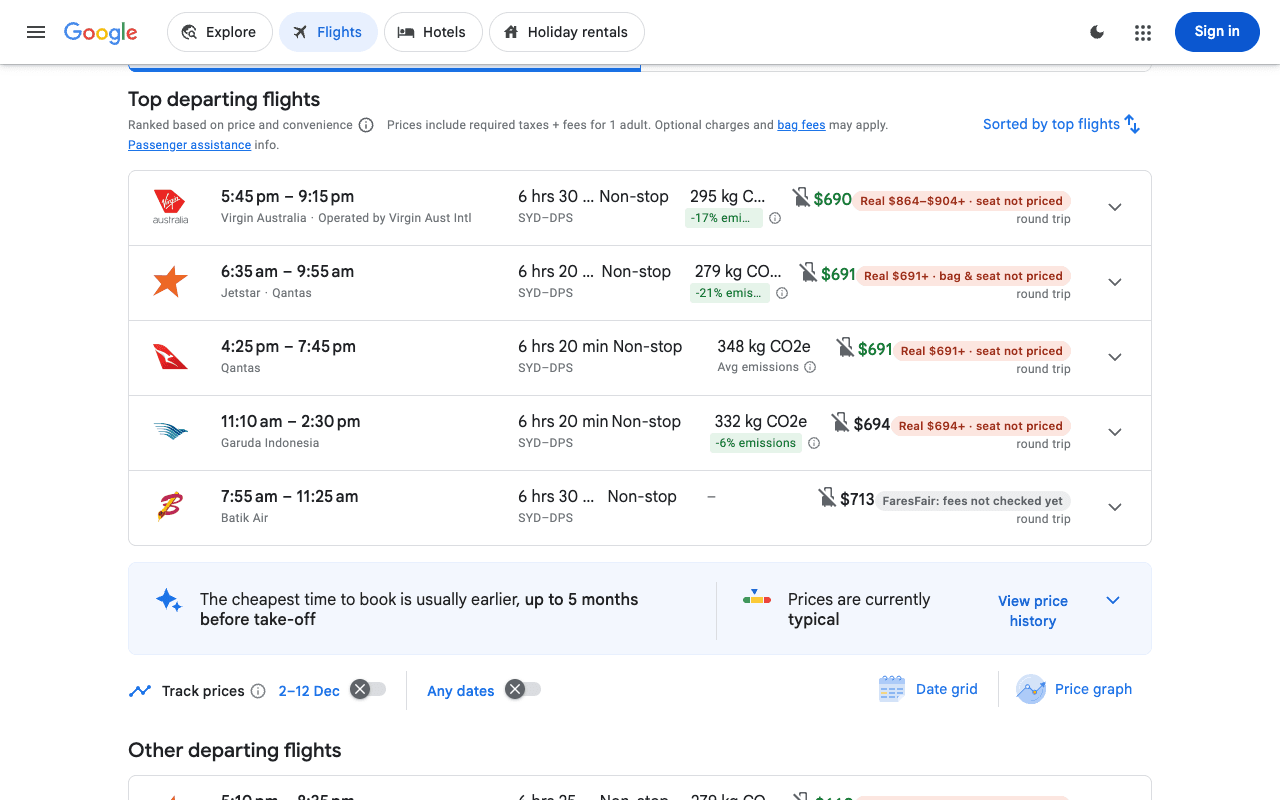 Google Flights results with a FaresFair real-price badge on each fare